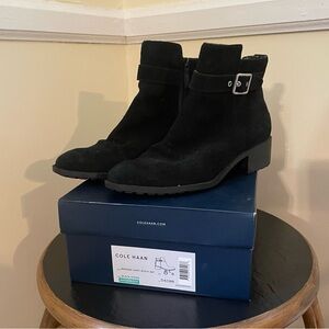 Women’s Cole Haan Indiana Black Waterproof Suede Flat Booties w/ Silver Buckle